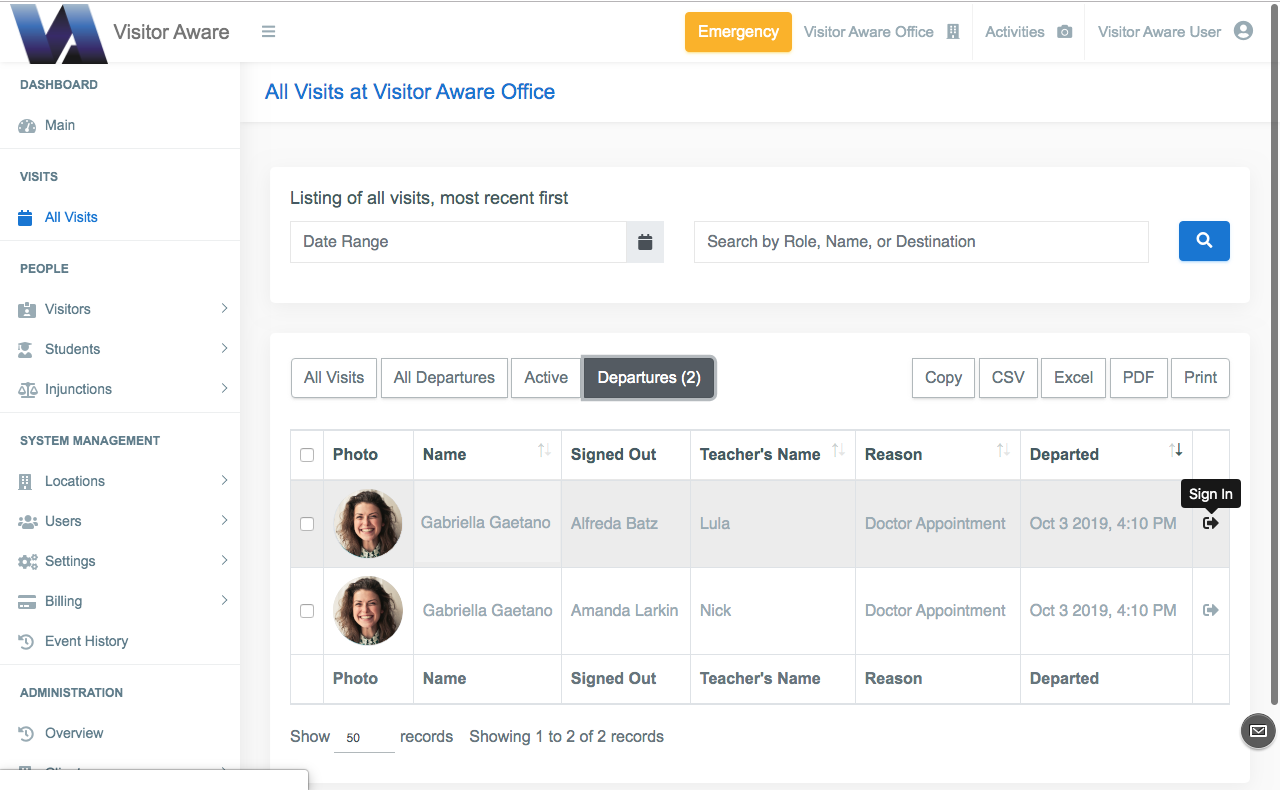 Record Student Sign Outs and Sign Ins via Dashboard
