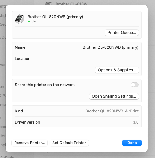 Configure Brother QL-810Wc and QL-820NWBc AirPrint Settings