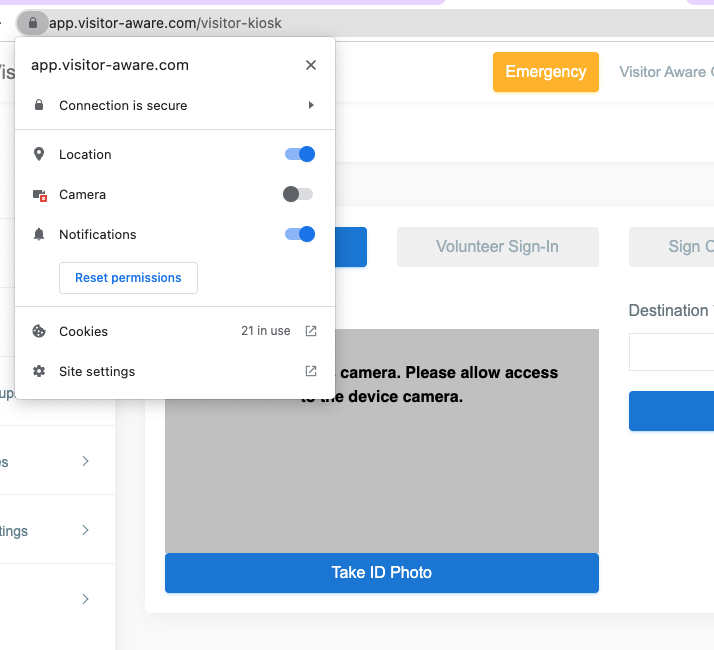 Enable Camera Access for Check-In Kiosk