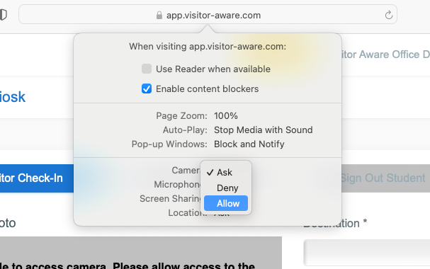 Enable Camera Access for Check-In Kiosk