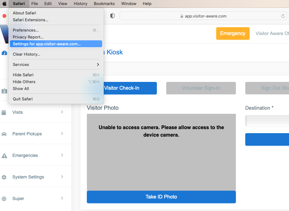 Enable Camera Access for Check-In Kiosk